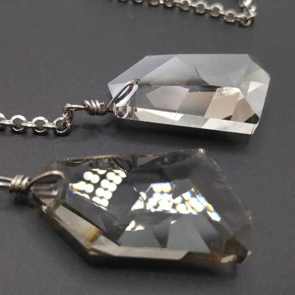 Chico’s Silver Tone Y Necklace Smoky Crystal Pendant Modern Statement